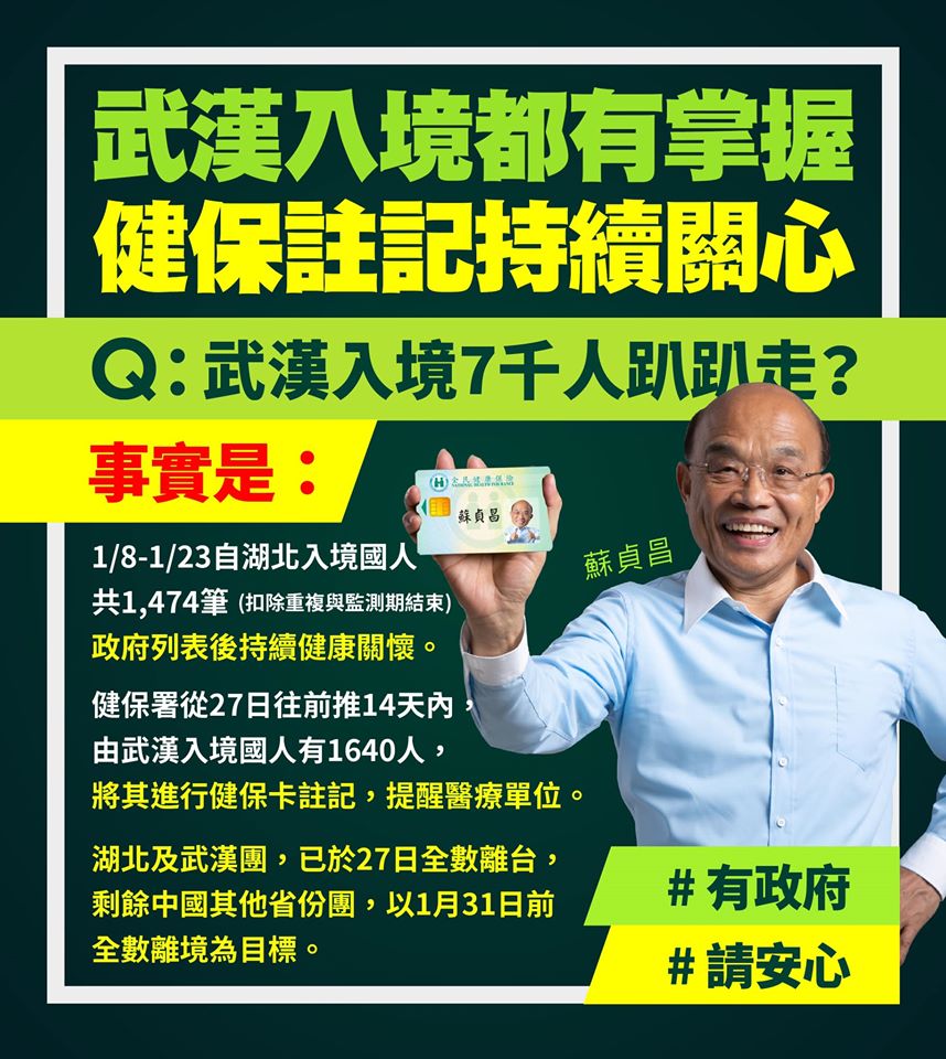 外傳還有7千人從武漢入境台灣四處「趴趴走」，蘇貞昌今日特別澄清。 圖：翻攝自蘇貞昌臉書