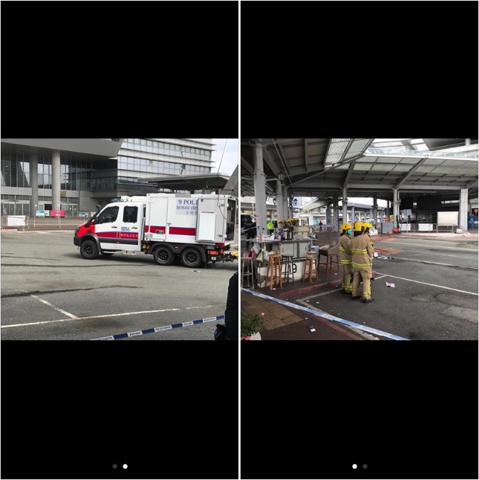 往來香港與深圳的「深圳灣口岸管制站大樓」，28日中午在男廁一個垃圾桶內發現疑似爆裂物。 圖：翻攝香港突發事故報料區臉書