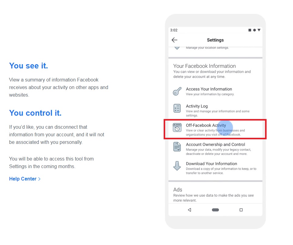 臉書宣布新增了一項可用來保護個人隱私的工具「Off-Facebook Activity」（Facebook站外動態）。 圖：取自臉書官網