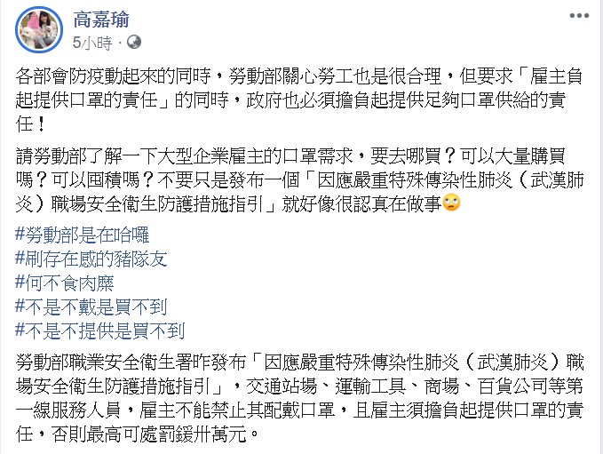 高嘉瑜痛批，不要只是發布一個防護措施指引，就好像很認真在做事。 圖：翻攝自高嘉瑜臉書