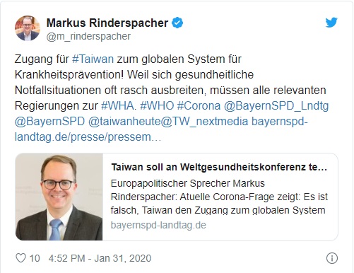 社民黨（SPD）籍的邦議會副議長林德斯巴謝（Markus Rinderspacher）今天表示，2019新型冠狀病毒的疫情證明，全球疾病防治體系不應排除台灣，他呼籲今年5月舉行的世衛大會邀請台灣以觀察員的身份參加。 圖/翻攝自Markus Rinderspacher推特