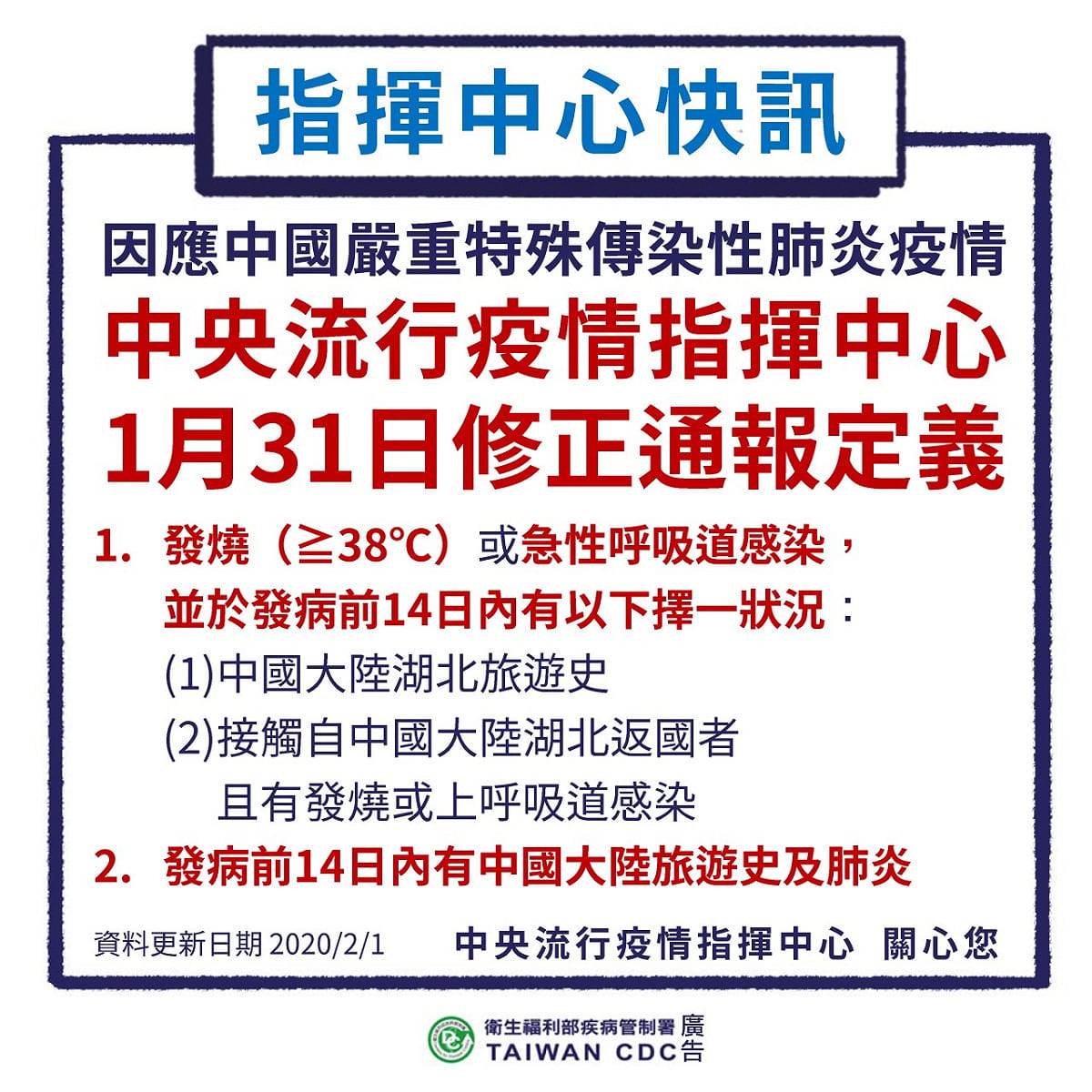 疾管署表示，只要有發燒或急性呼吸道感染，並於「發病前14日內」有中國大陸旅遊史及肺炎，就會被通報疑似案例。 圖：疾病管制署/提供