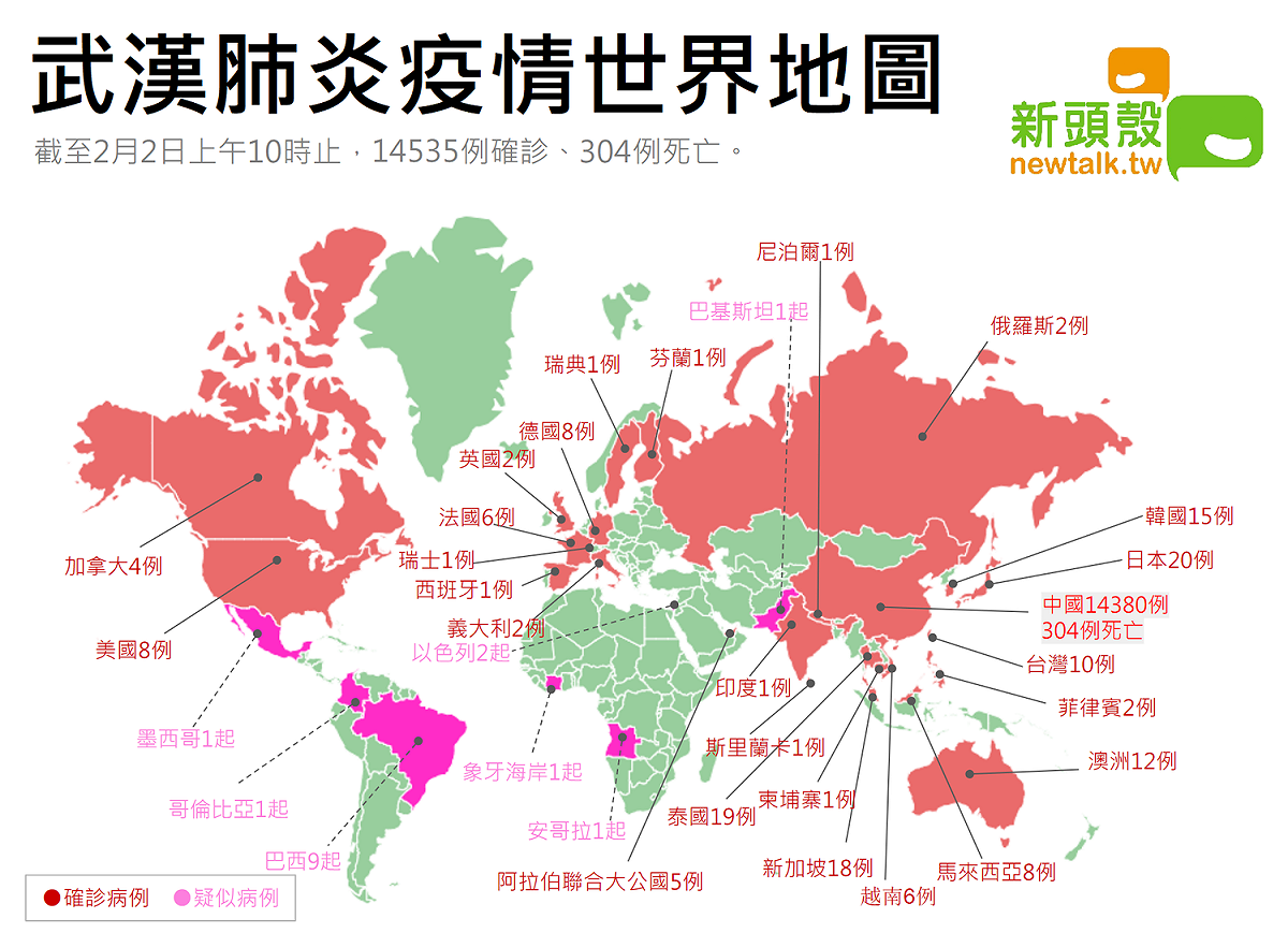 武漢肺炎世界疫情地圖。 圖：新頭殼製圖