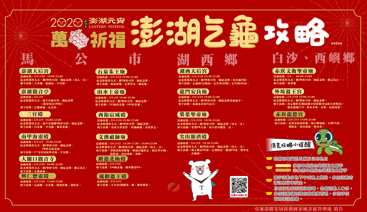 澎湖縣府推出乞龜攻略，告訴遊客和在地人各地的澎湖乞龜活動時間和乞龜內容。 圖：澎湖縣政府／提供