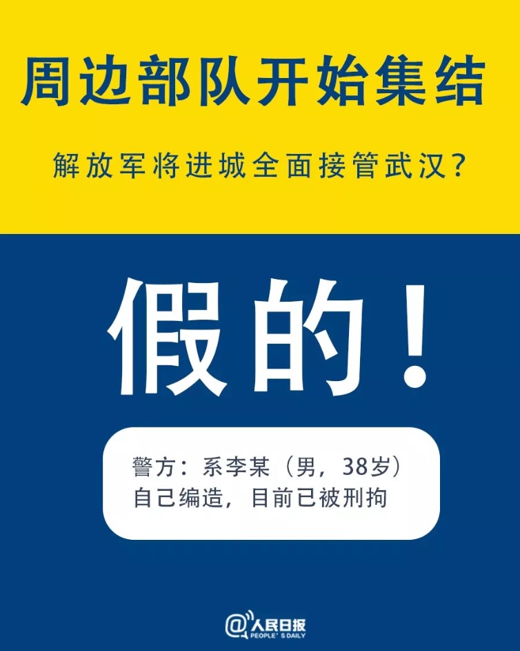 《人民日報》澄清「解放軍將全面接管武漢」消息。 圖：翻攝自人民日報微信