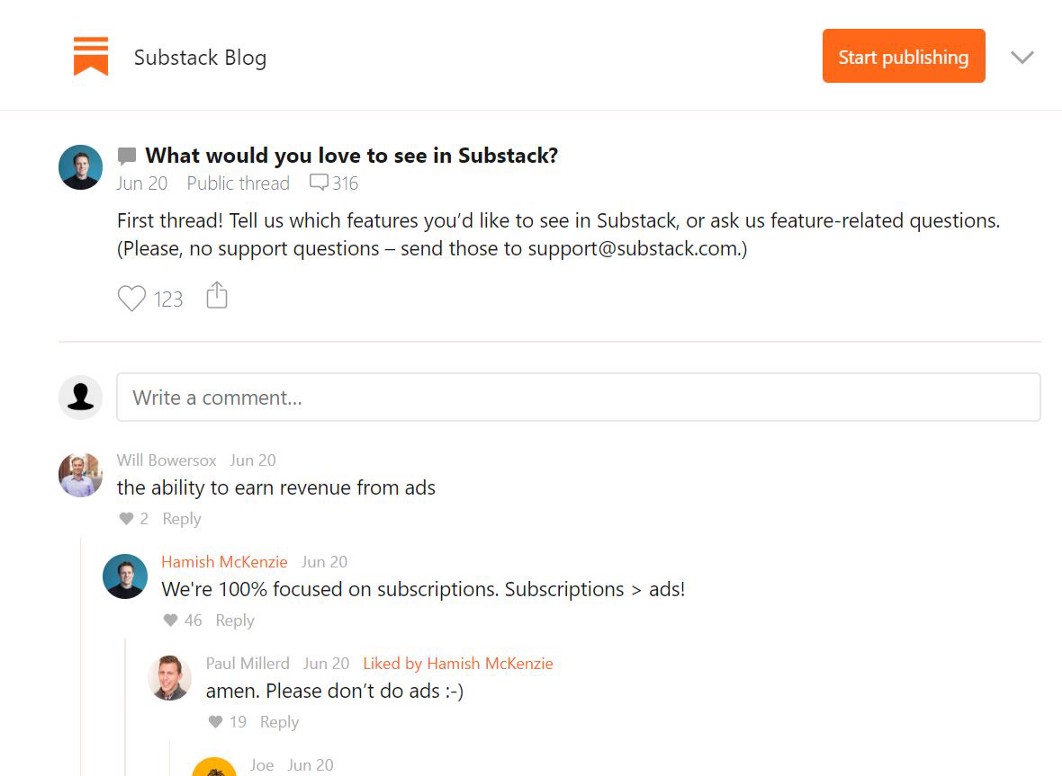 讀者們可以在貼文中自由回應內容、相互討論。 圖：取自 Substack 官網