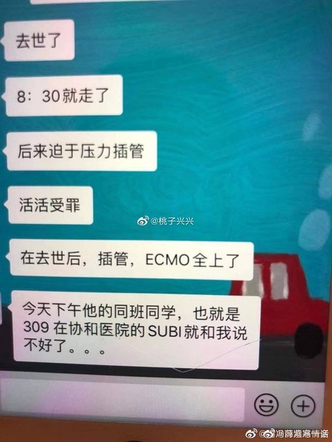 根據網路對話，李文亮的同學透露，「李文亮在8：30就走了，後來醫院迫於壓力插管，活活受罪，在去世後插管， ECMO全上了」。 圖：翻攝自ptt