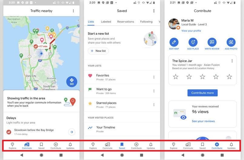 Google地圖推出5項新分頁「探索、通勤、已儲存、貢獻和最新動態」（紅框處），帶給用戶更豐富的使用體驗。 圖：Google／提供