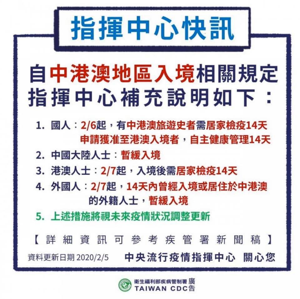 由於武漢肺炎來勢洶洶，中央流行疫情指揮中心特別針對曾經出入中港澳地區的國人與外國旅客有相關規範。 圖：翻攝自劉世芳臉書