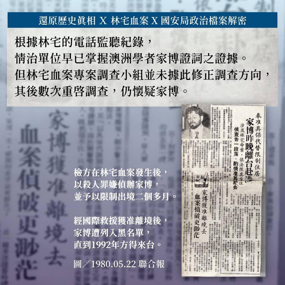 促轉會在今年一月份時曾透露，由國安局保管的機密檔案中，有曾被警方視為嫌疑犯的澳洲學者家博(Bruce Jacobs)，案發當天致電林宅的記錄。 圖:促轉會/提供