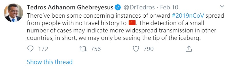 譚德塞表示，對於中國以外的疫情，「我們可能只看到冰山一角」。 圖：翻攝自twitter@DrTedros