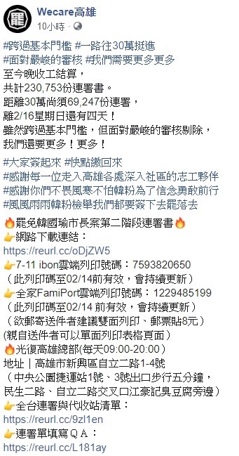 「wecare高雄」昨晚宣布，罷韓連署書的數量已達突破第二階段門檻。 圖：翻攝自Ｗecare高雄臉書