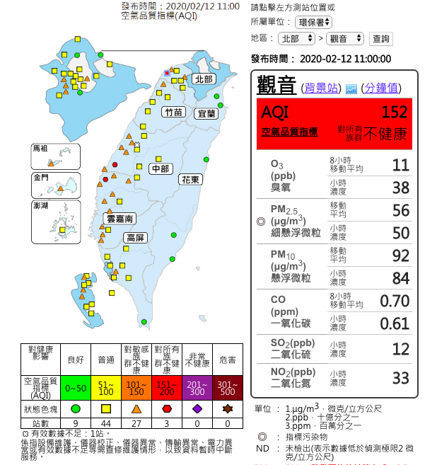 今（12）日西半部空氣品質不佳。 圖：取自環保署空氣品質監測網