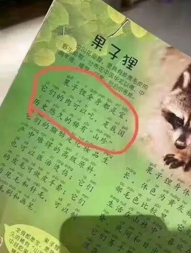中國兒童讀物竟稱，「果子狸全身都是寶，它們的肉可以吃，是我國歷史悠久的稀有山珍」。 圖：翻攝自微信