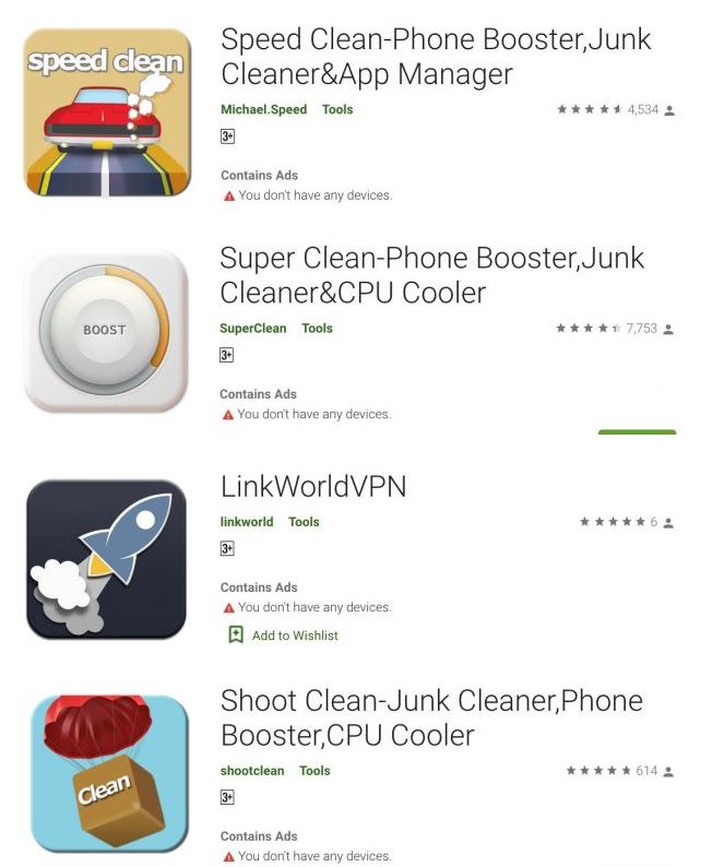 在 Google Play 商店內被趨勢科技點名的惡意APP。 圖：取自趨勢科技部落格