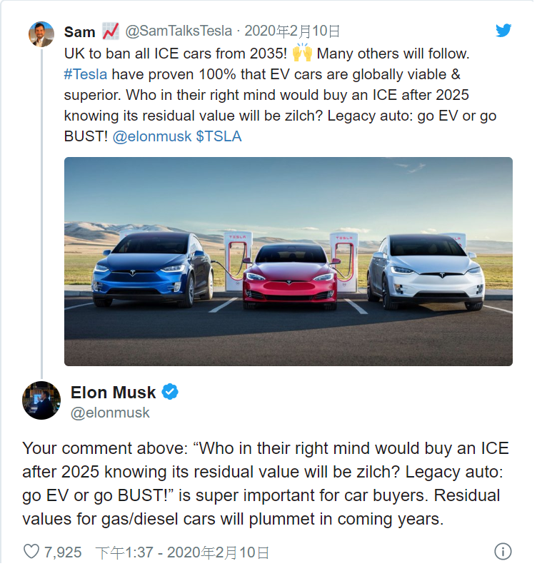 馬斯克在Twitter警告購車者，他們需要考慮汽車業向電動車的過渡，可能導致「未來幾年汽油／柴油汽車的剩餘價值暴跌」問題。 圖：取自網友Sam的Twitter。