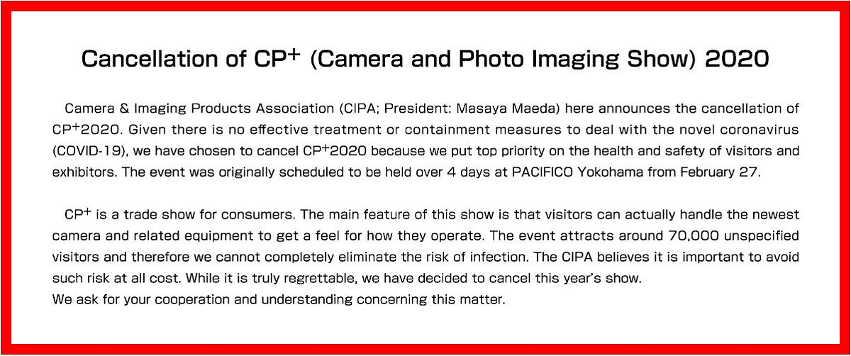 主辦單位在官網上宣布日本 CP＋相機大展宣布今年停辦。 圖：取自日本 CP＋相機大展官網