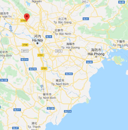 越南北部的山雷村進行大規模封村隔離，為期20天。圖中指標為山雷村所在地。 圖：翻攝自Google map