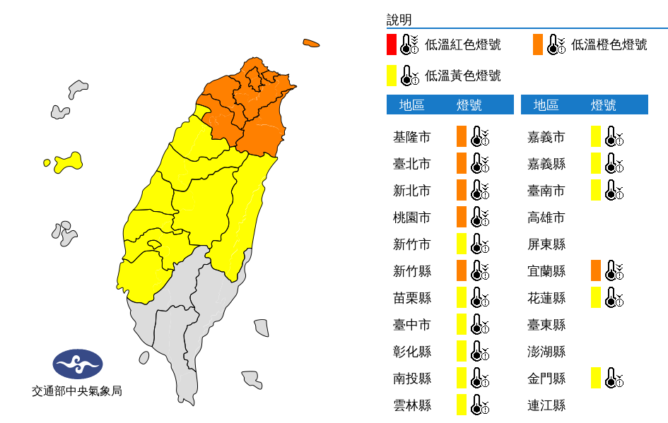 受到寒流影響，全台冷吱吱，尤其北北基桃與宜蘭、新竹更有攝氏10度以下低溫，民眾須注意保暖。 圖：翻攝自中央氣象局