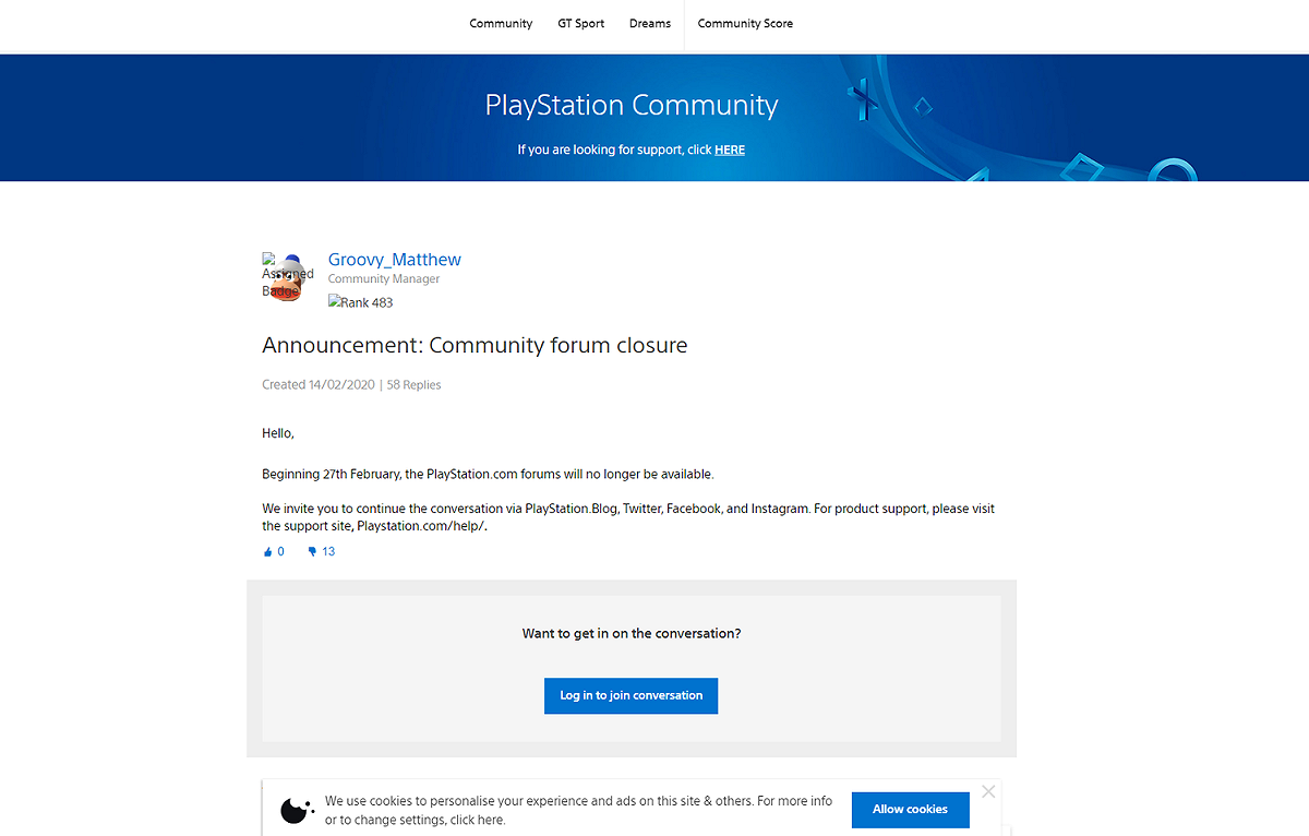 PlayStation 官方論壇即將於 2 月 27 日正式關閉 圖：翻攝自 PlayStation Community