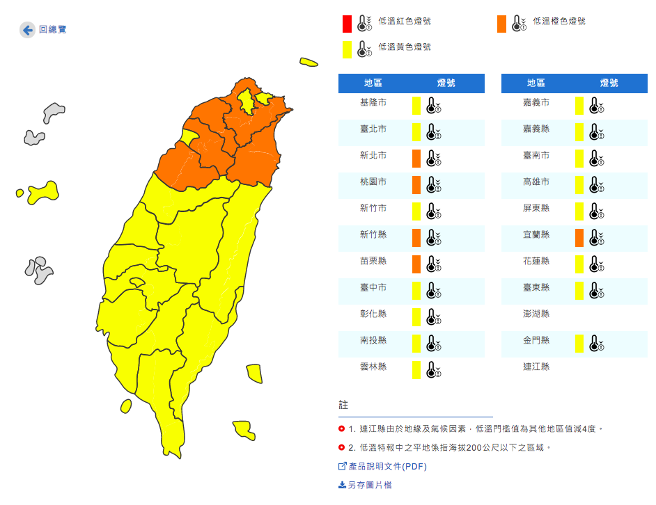中央氣象局今（17）日下午針對20縣市發布低溫特報，尤以北部5縣市最冷，恐現6度低溫。 圖：取自中央氣象局官網