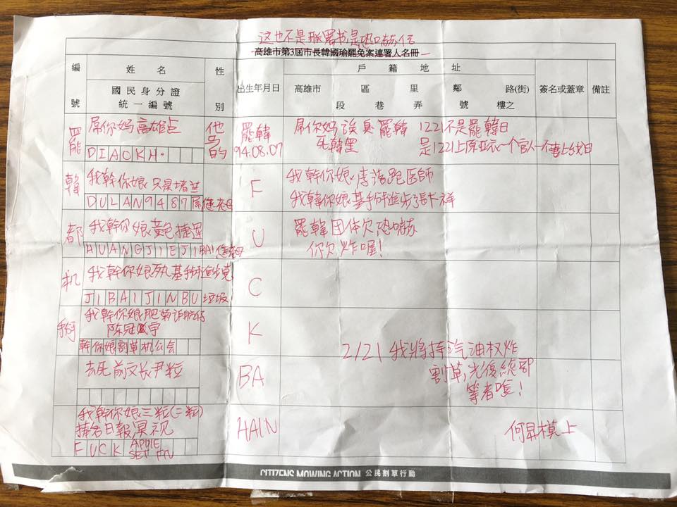 恐嚇信明確指出，2月21日要拿汽油炸割草與光復總部。 圖：翻攝自Wecare高雄臉書