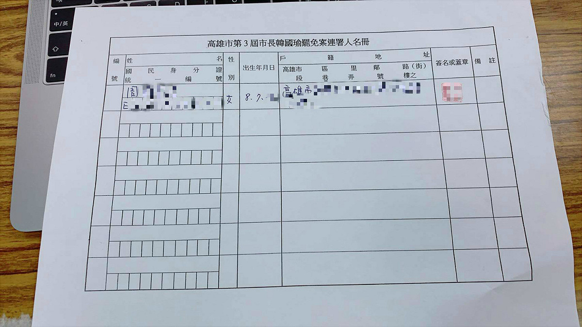 罷韓團體公民割草行動今(18)日在臉書po出一張民國8年出生、高齡101歲人瑞奶奶的罷韓連署書。 圖:公民割草行動臉書