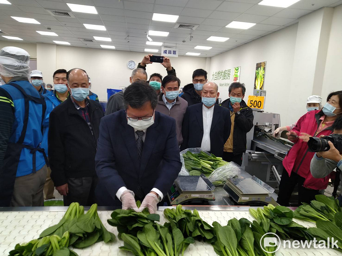 鄭文燦試做有機蔬菜包裝。 圖：林昀真/攝