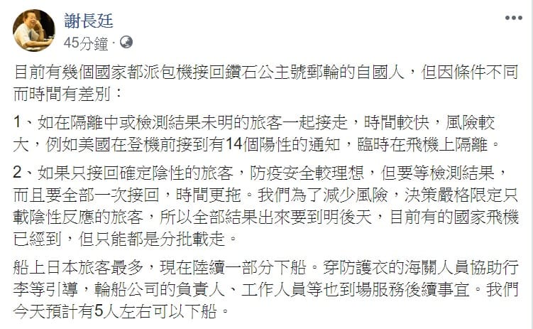 謝長廷表示，部分國家目前都派包機接回郵輪上的自家國人，但因條件不同而時間有差別。 圖：翻攝自謝長廷臉書