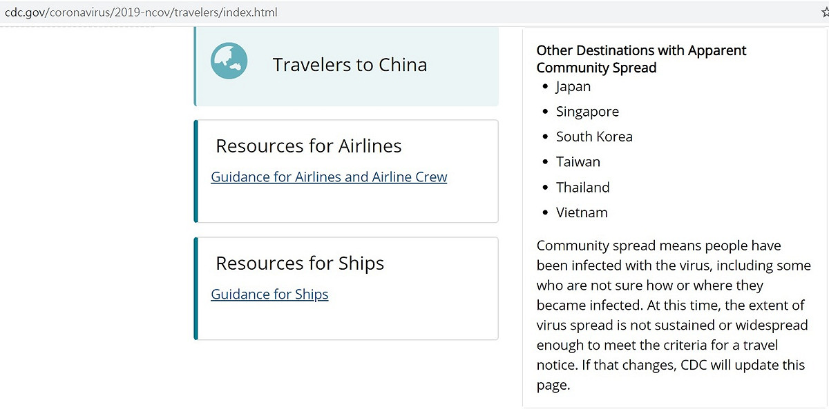 根據美國疾病管制與預防中心（CDC）網站指出，中國大陸之外，日本、新加坡、泰國、越南、台灣、南韓的新型冠狀病毒已進入社區傳播階段。 圖：擷取自美國CDC官網
