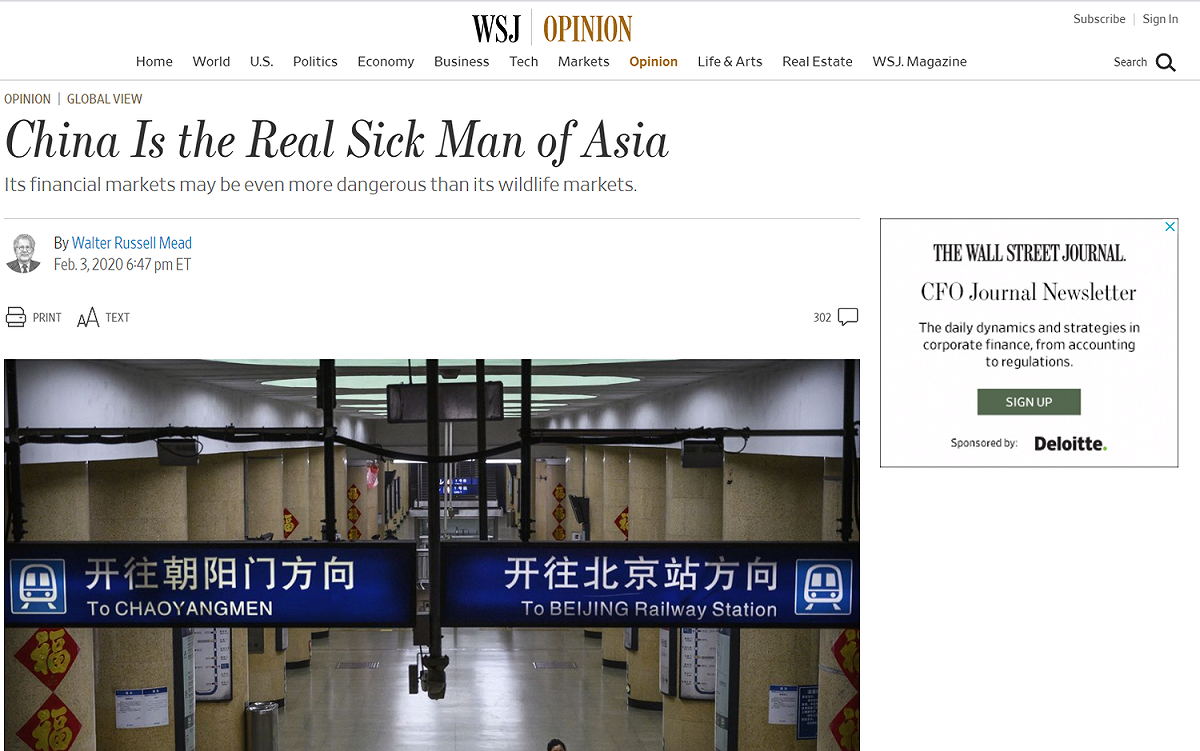 《華爾街日報》社論表示，中國並非對標題感到不滿，中國政府欲透過懲罰記者，轉移中國民眾對政府武漢肺炎處理不當焦點。 圖：翻攝自《華爾街日報》網站