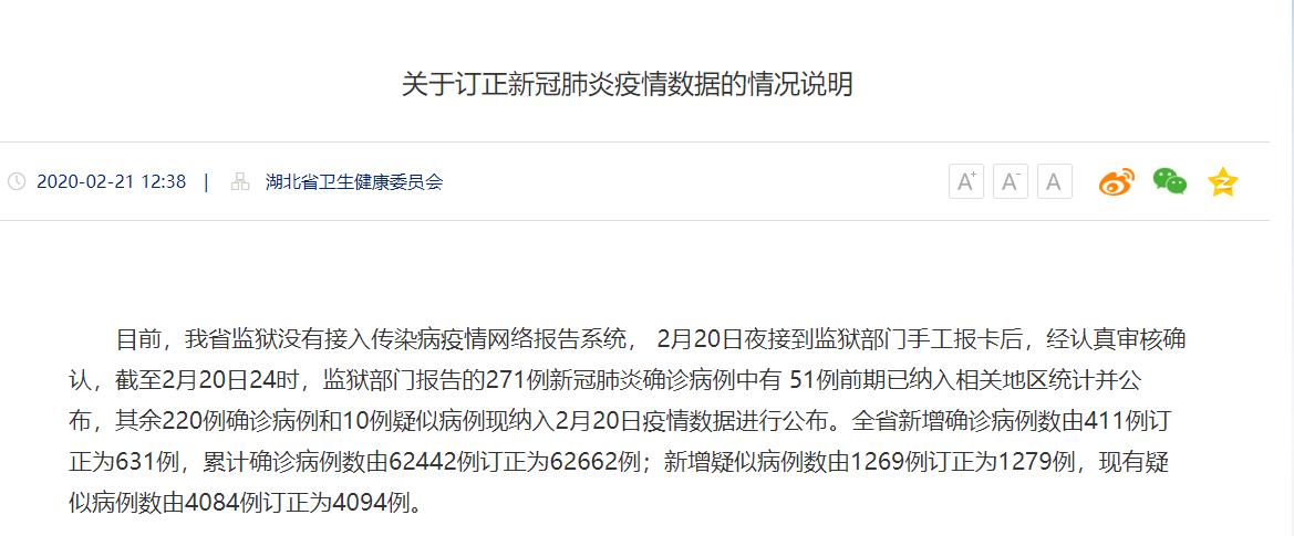 湖北省衛健委發布「關於訂正新冠肺炎疫情數據的情況說明」，說明220例的差距。 圖：翻攝大陸國家衛健委官網