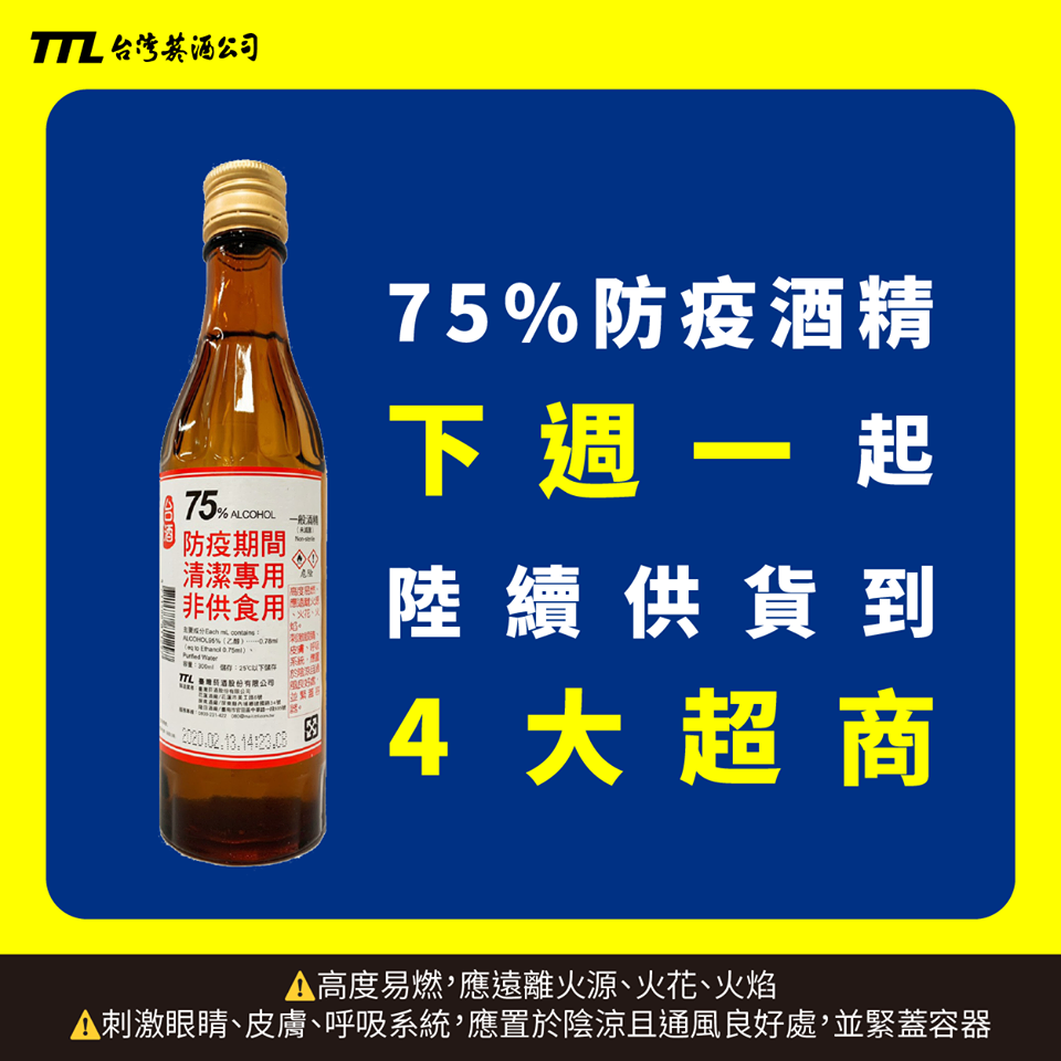 下週一起民眾也可到4大超商購買防疫酒精。 圖：翻攝自吃喝玩樂在台酒臉書
