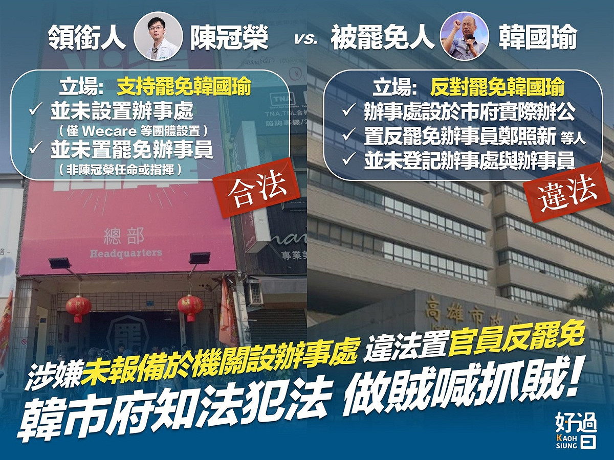 罷韓總部遭指違法，陳冠榮批高市選委會球員兼裁判，高雄好過日協會也在臉書上聲援。 圖：取自高雄好過日臉書