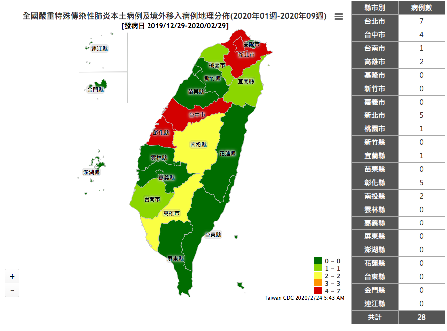 疾管署公布28個案所屬居住地縣市資料供民眾查詢。 圖：取自傳染病統計資料查詢系統