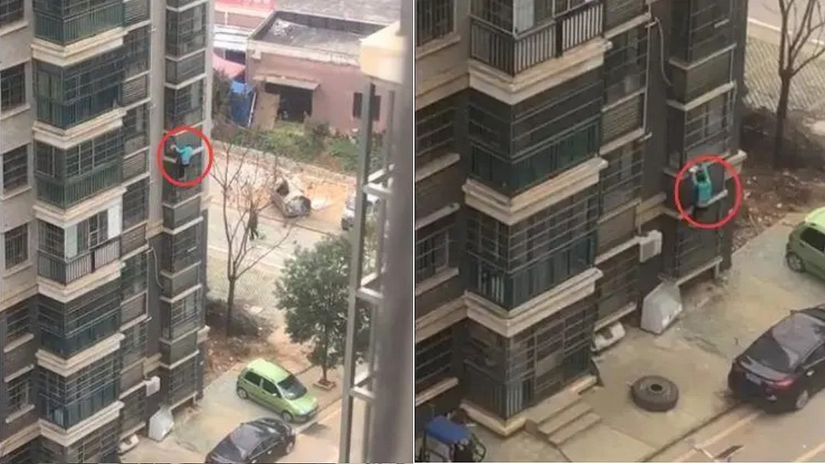 日前網路上流傳一名武漢女子試圖爬窗出門買肉的照片，引發網路上熱烈討論。 圖：翻攝自微信