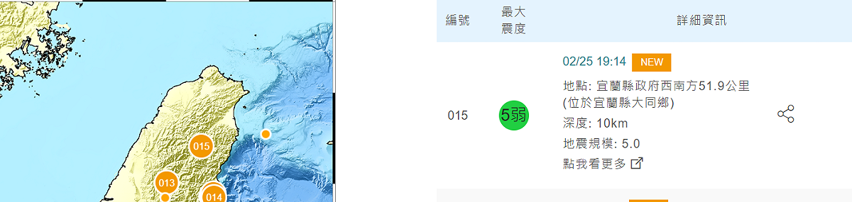 宜蘭大同鄉晚間19時14分發生芮氏規模5.0有感地震，各地明顯搖晃。 圖：翻攝自中央氣象局