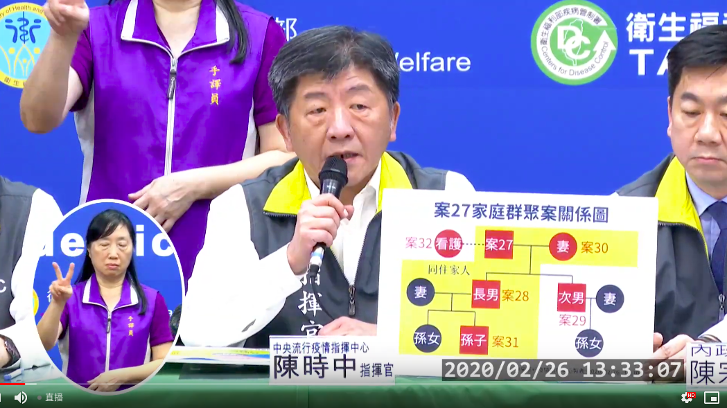 指揮官陳時中說明案27至案32之家庭群聚情形。 圖：截自中央流行疫情指揮中心直播影片