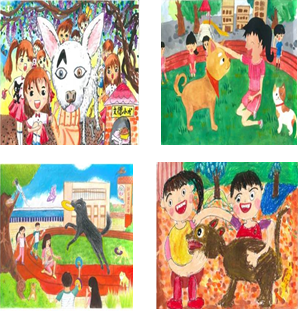 「鼠不盡的幸福」展覽，展出校園犬繪畫賽得獎作品 。 圖：新北市動保處/提供