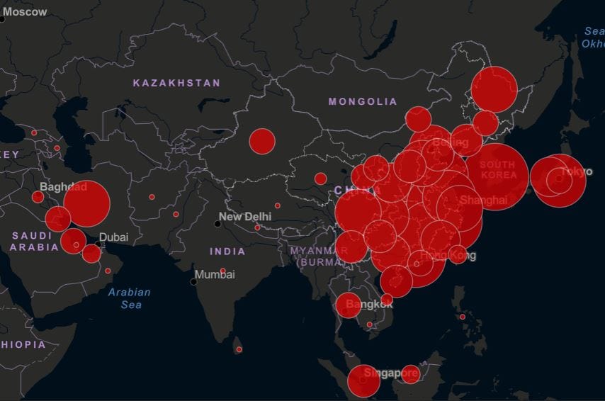 3/1全球疫情國家達66國/地區，多國均傳確診首例。 圖：翻攝自約翰霍普金斯大學網站