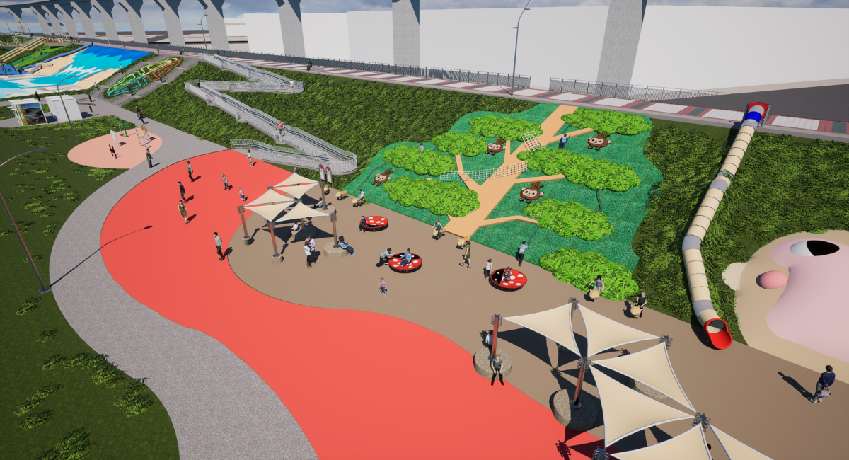 新北大都會公園將再打造全世界最大全齡化堤坡滑梯樂園，今年4月開放部分設施。 圖：新北市政府高灘地工程管理處/提供