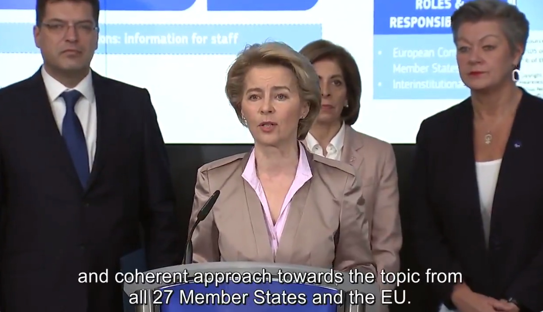 歐洲聯盟執委會主席范德賴恩（Ursula von der Leyen）宣布，歐洲疾病預防管制中心已提升歐盟人民的風險警示級別。 圖：翻攝自Twitter