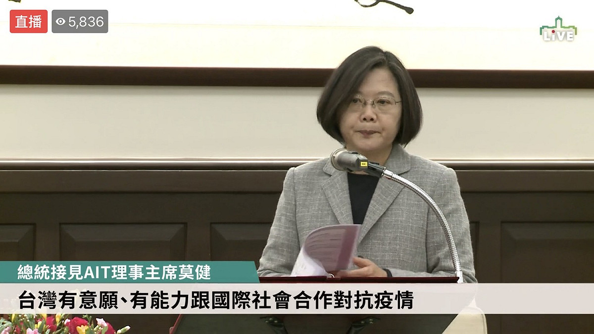 蔡英文總統今（5）日於總統府接見美國在台協會（AIT）理事主席莫健（James F. Moriarty）。 圖：擷自總統府直播畫面