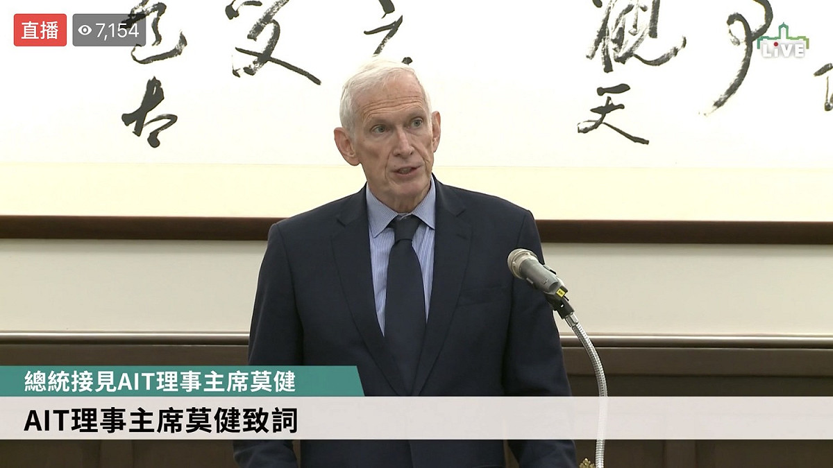 莫健致詞時，強調在蔡英文第二任任期內，美國將加倍擴展台灣的國際參與。 圖：擷自總統府直播畫面