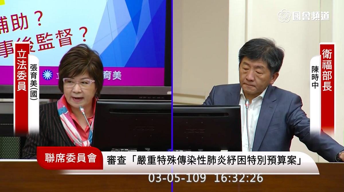 國民黨立委張育美、衛福部長陳時中 圖：圖：擷取自國會頻道直播畫面