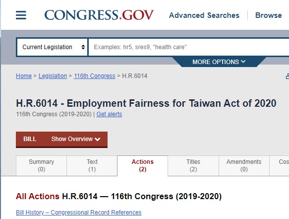 美國國會網站顯示，《2020台灣就業公平法》在2月28日提交眾議院金融服務委員會。 圖：翻攝自美國國會官網