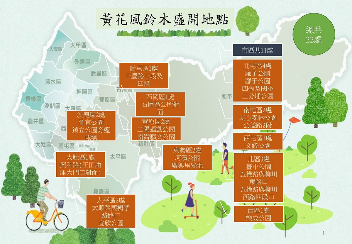 台中市黃花風鈴木盛開地點。 圖：台中市建設局／提供
