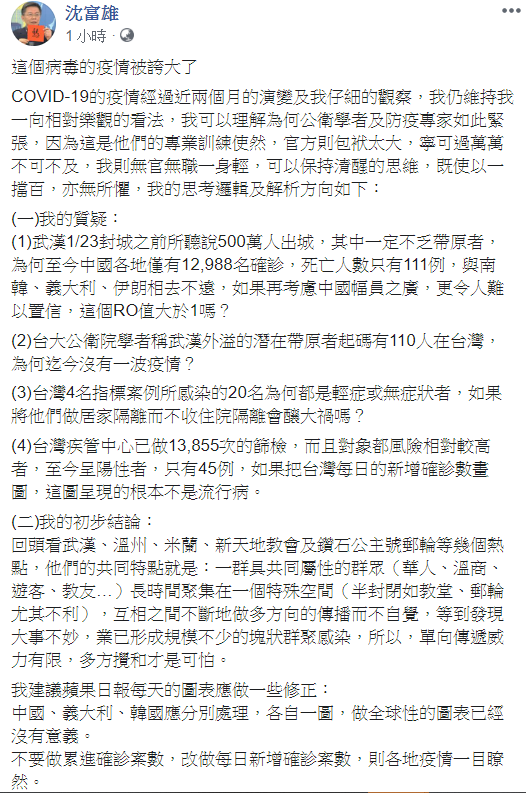 沈富雄針對武漢肺炎提出自己的質疑和結論。 圖：翻攝自沈富雄臉書