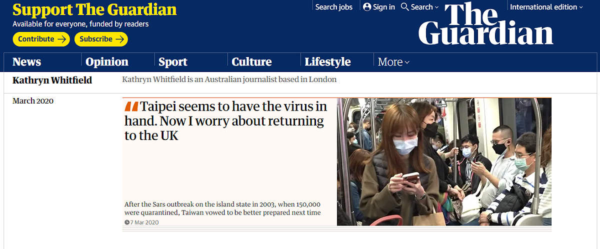 英國《衛報》記者親身採訪，見證台灣防疫政策執行確實到位。 圖：翻攝自衛報網頁。