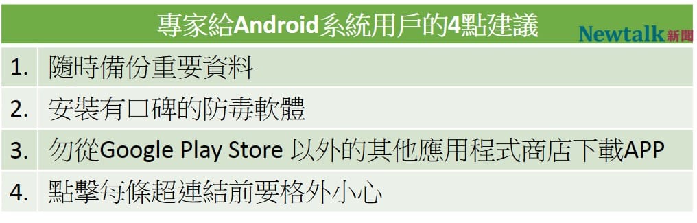 對於系統無法更新，又不想換手機或平板的用戶，專家提出4點建議，協助用戶降低遭駭客攻擊的機率。 圖：新頭殼／製表